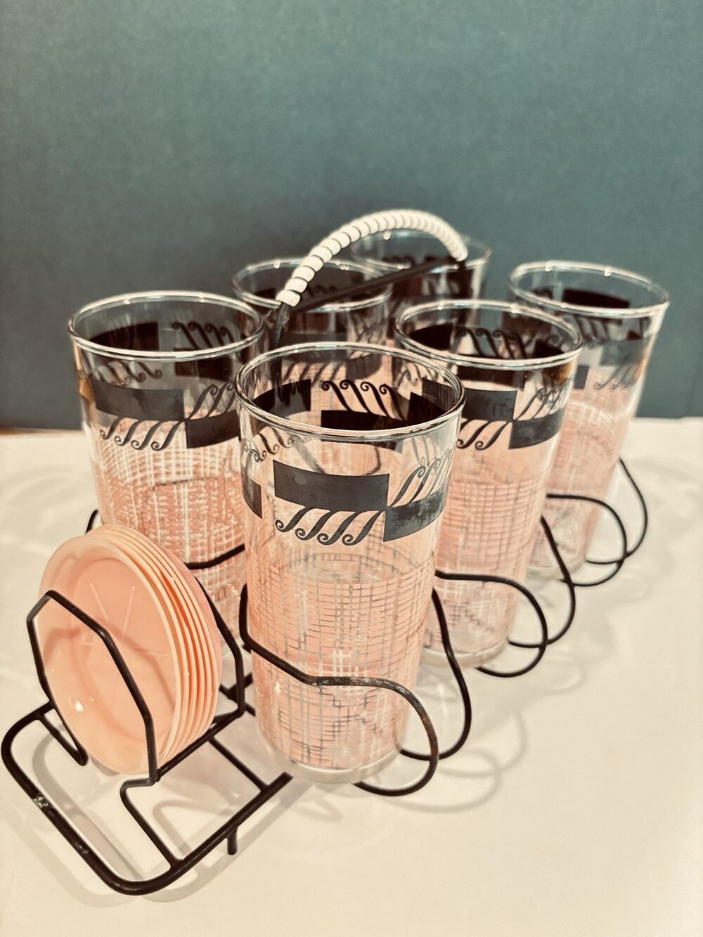 Vintage MCM Pink & Black Barware Set 6 Glasses Coasters Original Wire Carrier
